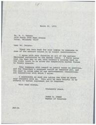["Mr. Veteto expresses agreement with Congressman James R. Jones on the energy issue, advocating for the free market to address the country's economic challenges. He opposes punitive taxes on gasoline and believes that removing price restrictions will incentivize oil producers to explore new sources. He also questions the effectiveness of the President's proposed tariff on imported oil and suggests relaxing some environmental regulations on automobiles. Mr. Veteto hopes his thoughts will assist Congressman Jones in making informed decisions to address the energy crisis facing the nation."]