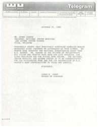 ["The document is a telegram sent on October 22, 1980 from James R. Jones, a member of Congress, to Henry Zarrow, chairman of the National Jewish Hospital and Asthma Center in Tulsa, Oklahoma. Jones expresses regret that he cannot attend the dinner due to a previously scheduled campaign debate, but praises WK.. Warren for his philanthropy and contributions to Tulsa and America. Jones congratulates the hospital for its outstanding work and recognition of Warren's contributions."]
