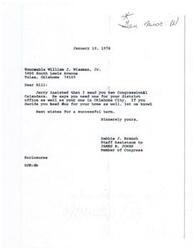 ["The document is from Debbie J. Branch to Honorable William J. Wiseman, Jr. It states that two Congressional Calendars are being sent to him, one for his district office and one for Oklahoma City. If he needs one for his home, he should let them know. The document wishes him a successful term and is signed by Debbie J. Branch, a staff assistant to James R. Jones, a Member of Congress."]