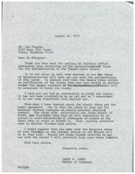 ["The document is a response to Mr. Joe Ziegler's opposition to the appropriation of funds for the implementation of the Panama Canal Treaty. The author, James R. Jones, explains that it is uncertain if the House of Representatives will have a say in the appropriation of funds, as it depends on the Senate's action on ratification. Jones mentions that he has not yet had the opportunity to study the treaty, but outlines the two main arguments for and against it. He advises Ziegler to contact his Senators as they will have a primary role in the decision on the treaty."]