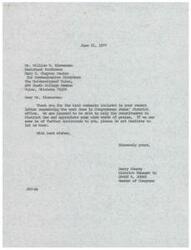 ["Mr. Zimmerman received a letter from Jerry Conrey, the District Manager to Congressman James R. Jones, thanking him for his kind comments about the work done in Congressman Jones' district office. Conrey expressed appreciation for the praise and offered further assistance if needed."]