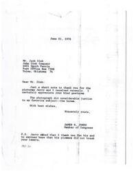 ["James R. Jones sent a thank you note to Jack Zink for the pictures they received, particularly of horses. Jones also mentioned that Jerry appreciated the pictures and hoped his picture did not break the camera. Jones also mentioned a successful banquet."]