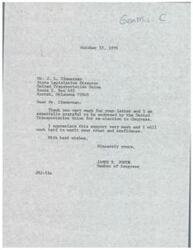 ["The document is a thank you note from James R. Jones to J. L. Zimmerman for the endorsement of the United Transportation Union for his re-election to Congress. Jones expresses his gratitude and promises to work hard to merit their trust and confidence."]
