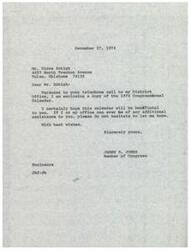["Mr. Jones is sending Mr. Zotigh a copy of the 1974 Congressional Calendar in response to a phone call to his District Office. He hopes the calendar will be beneficial and offers further assistance if needed."]