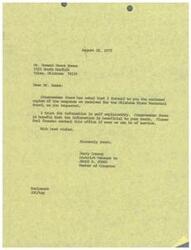 ["The document is from Jerry Conrey, the District Manager for Congressman James R. Jones, to Mr. Howard Grant Rames. It includes copies of a response from the Oklahoma State Personnel Board that Mr. Rames had requested. Congressman Jones hopes the information is helpful to Mr. Rames and encourages him to reach out if he needs further assistance."]