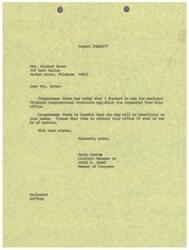 ["Mrs. Mildred Brown requested an Oklahoma Congressional Districts map from Congressman Jones' office, and District Manager Jerry Conrey sent it to her along with a note expressing hope that it would be beneficial to her needs. He also offered assistance from the office if needed."]