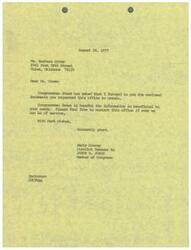["Ms. Barbara Cross requested documents from Congressman Jones' office and they have been forwarded to her. Congressman Jones hopes the information is helpful and Ms. Cross can contact the office if she needs further assistance. The document is signed by Jerry Conrey, District Manager to James R. Jones."]