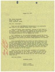 ["Mrs. Betty Cartwright wrote to James R. Jones expressing her views on the proposed Panama Canal Treaty. Jones is reserving judgment on the treaty in order to study the language and arguments for and against it. Arguments against the treaty include ownership and national security concerns, while arguments in favor include the vulnerability of the canal and the importance of control and access. Jones promises to carefully consider all facts and opinions on the issue."]