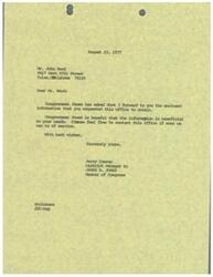 ["The document is from Jerry Conrey, the District Manager to Congressman James R. Jones, to Mr. John Wood. It states that the requested information has been enclosed and Congressman Jones hopes it is beneficial. Mr. Conrey offers further assistance if needed."]