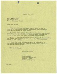 ["Mrs. Ellis received a letter from Congressman Jones' office in response to her inquiry about transferring her daughter to Carver Jr. High School. The document states that Dr. Larry Zenke of Tulsa Public Schools has advised that the transfer is possible if her daughter meets the qualifications. Mrs. Ellis is instructed to contact Mr. Q. T. Williams at Carver for further information and assistance. The document ends with the offer to provide further assistance if needed."]