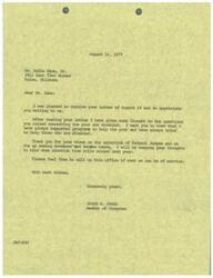 ["The document is from James R. Jones, a Member of Congress, in response to a letter from Mr. Eddie Eane, Jr. Jones expresses his support for programs to help the poor and disabled, and thanks Eane for sharing his views on the selection of Federal Judges and upcoming Governor and Senate races. Jones assures Eane that he will keep his thoughts in mind during the next election and offers assistance from his office if needed."]