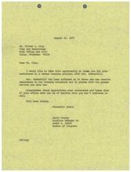 ["The document is thanking Mr. Clay for his assistance in a housing problem involving Mrs. Summerhill. Mrs. Summerhill has been informed of where she can receive help and is pleased with the prompt service. Congressman Jones appreciates Mr. Clay's assistance and offers help in the future."]