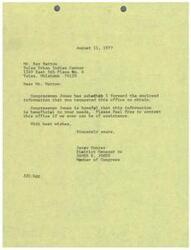 ["The document is from the office of Congressman Jones and is forwarding requested information to Mr. Ray Hatton at the Tulsa Urban Indian Center. The Congressman's office hopes the information is helpful and offers assistance in the future. The document is signed by Jerry Conrey, the District Manager to James R. Jones."]