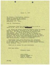 ["Jerry Conrey, the District Manager for Congressman Jones, is writing to the Bureau of Hearings and Appeals on behalf of Mr. Sam F. Miller, who was denied disability benefits after a hearing in Muskogee, Oklahoma. Mr. Miller, a 56-year-old construction worker, is appealing the decision as he is unable to perform the duties required for his job due to chest and arm pain. Congressman Jones is requesting assistance from the Bureau and asks for a response to be directed to his Tulsa office."]