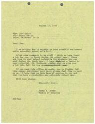 ["The document is from James R. Jones, a Member of Congress, to Lisa Holtz offering her a job in the school cafeteria during the school year. He also offers to assist her in finding full-time summer employment the following year. He wishes her a productive and enjoyable school year."]