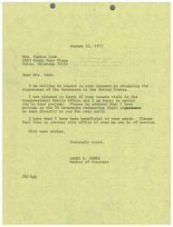 ["The document is from James R. Jones, a Member of Congress, to Mrs. Eunice Link regarding her request for the signatures of Governors in the United States for a quilt project. Jones has written to all 50 Governors requesting their signatures to be sent directly to Mrs. Link. He expresses his pleasure in assisting her with the project and encourages her to contact his office if she needs further assistance."]
