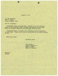 ["The document is informing Mr. Max Dougherty that Congressman Jones has sent him copies of the President's Press Statement and Message on Drug Abuse, as requested. The document expresses hope that the information will be beneficial and offers further assistance if needed. It is signed by Jerry Conrey, District Manager to Congressman James R. Jones."]