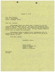 ["The document is from Congressman James R. Jones' office to Mrs. Paul Paulson, stating that they have enclosed a copy of Public Law 94-142 as requested. They also mention that copies of PL 93-112 and PL 93-502 will be sent when available. The Congressman hopes the information will be beneficial and offers further assistance if needed. The document is signed by Jerry Conrey, the District Manager."]