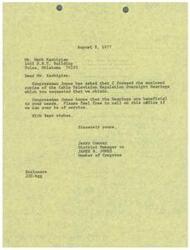 ["The document is informing Mr. Kachigian that the Cable Television Regulation Oversight Hearings he requested have been obtained and enclosed. Congressman Jones hopes that the hearings are beneficial and offers assistance from their office if needed."]