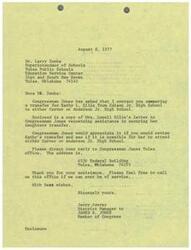 ["Congressman Jones has requested Dr. Larry Zenke, Superintendent of Schools at Tulsa Public Schools, to review a transfer request for Kathy L. Ellis from Edison Jr. High School to either Carver or Anderson Jr. High School. Enclosed is a letter from Mrs. Lowell Ellis requesting assistance with her daughter's transfer. Congressman Jones would appreciate Dr. Zenke's review and response to the transfer request. The reply should be directed to Congressman Jones' Tulsa office."]