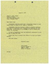 ["Pastor Owen wrote a letter on behalf of Mr. Ernest L. Northcutt to Congressman Jones seeking help in finding employment. Congressman Jones has responded, stating that inquiries are being made and efforts will be made to help Mr. Northcutt. Further information will be provided when available. Pastor Owen is encouraged to contact the office for further assistance."]