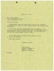 ["The document informs Mr. Fred Steiger that Congressman Jones will not be in his Tulsa office as requested, but he is welcome to visit anytime. The document also provides a phone number for contact and offers assistance from the office if needed."]