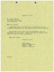 ["Jerry Conrey, the District Manager to Congressman James R. Jones, sent Mr. Dewey Alberti the information he requested. Congressman Jones hopes the information will be beneficial to Mr. Alberti's needs and encourages him to contact their office for any further assistance."]