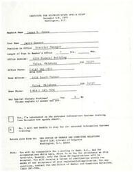 ["Jerry Conrey, a District Manager from Tulsa, Oklahoma, will attend the Institute for District/State Office Staff in Washington, D.C. from December 4-6, 1979. He has been in the member's office for 7 years and has special dietary needs related to extended Information Systems training. Registration is limited to 60 attendees and confirmation letters will be sent out within two weeks. Travel and accommodations are the responsibility of the attendee."]