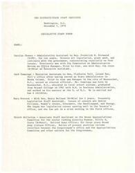 ["The document describes the panel members at a Legislative Staff Forum, including their positions and backgrounds working for various politicians in Washington, D.C. The panelists have experience in legislative work, grant work, and government contracts, and focus on issues such as food, senior citizens, women's issues, consumers, the handicapped, and energy. They have backgrounds in government administration, management, and military service."]