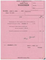["The document is a reimbursement voucher for official telephone expenses incurred by James R. Jones, a member of the House of Representatives, outside the District of Columbia. The total amount claimed for reimbursement is $313.37, which is within the maximum limit of $450. The reimbursement is for the quarter ending December 31, 1973."]