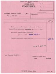 ["The document is a voucher from the House of Representatives addressed to Honorable  James R. Jones for reimbursement of official telephone expenses outside of the District of Columbia for the quarter ending September 30, 1973. The total amount of expenses paid was $331.50 and the amount claimed for reimbursement was $18.09. The voucher is dated January 31, 1974."]