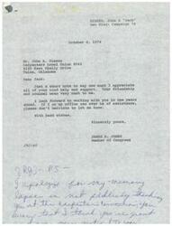 ["The document is a letter from James R. Jones, a Member of Congress, thanking John A. Giesen for his help and support. Jones expresses his appreciation for Giesen's friendship and counsel and looks forward to working with him in the future. Jones also apologizes for not publicly thanking Giesen at a carpenters convention. He requests Giesen's address from someone named Jerry so he can send a follow-up letter."]