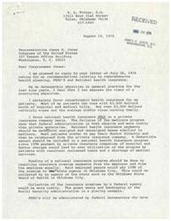 ["Dr. R.L. Winter, a practicing Osteopathic physician, responds to Congressman James R. Jones's inquiry about comprehensive health planning, PSRO's, and national health insurance. Dr. Winter supports catastrophic health insurance, but believes national health insurance should be run by private insurance companies to avoid federal administration issues. He advocates for a deductible in the program to prevent overutilization. He opposes PSRO's and believes they infringe on patient confidentiality. Dr. Winter also suggests ways to increase the supply of family physicians and reduce hospital costs."]