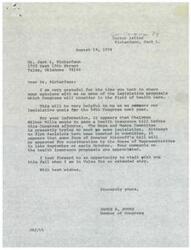 ["The document includes a letter from Congressman James R. Jones to Dr. Jack L. Richardson, thanking him for his input on health care legislative proposals. Congressman Jones mentions Chairman Wilbur Mills' efforts to pass a health insurance bill and requests Dr. Richardson's comments on the proposals. Dr. Richardson expresses support for continuing the Hill-Burton Act and provides feedback on PSROs and national health insurance proposals, favoring Senator Ribicoff's plan. He also expresses hope for further collaboration with Congressman Jones in the future."]