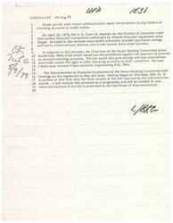 ["The document discusses a recent court ruling that deemed certain financial transactions illegal, including bank's automatic transfer payments, savings and loan's remote service systems, and credit union's share draft systems. In response, a bill (H.R. 3864) was introduced to end the prohibition against interest on demand checking accounts and give savings and loan associations and credit unions the ability to offer checking accounts. The bill is currently being discussed in Congress, and the author of the text will monitor the situation and consider the opinions of holders of checking accounts in credit unions."]