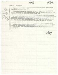 ["The document is a response to a communication regarding the Capital Cost Recovery Act of 1979 (H.R. 4646). The author expresses appreciation for the support received from various business and labor segments, and aims to gain more co-sponsors in the House and Senate. They hope to have H.R. 4646 discussed in hearings on capital formation and general tax legislation, with the goal of increasing capital investment to improve productivity and competitiveness in world markets."]