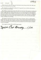 ["The document is a response to a communication regarding H.R. 4646, the Capital Cost Recovery Act of 1979. The bill aims to simplify the tax code and promote capital formation by allowing for rapid depreciation of assets. It will not reduce the advantages of the Investment Tax Credit or prevent accelerated depreciation methods. The author requests support for the bill to encourage more capital investment in the private sector."]