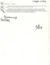 ["The document is a response to a communication expressing views on H.R. 2444, legislation to create a Department of Education. The sender considered the views before a vote in the House of Representatives, and while opinions were divided, a majority supported the legislation. A proposed form letter is included for future responses on the same issue."]
