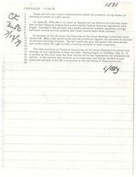 ["The document discusses a recent court ruling and proposed legislation related to checking accounts in credit unions. The United States Court of Appeals ruled certain financial transactions illegal, including bank, savings and loan, and credit union systems. A bill, H.R. 3864, was introduced to allow interest payments on demand checking accounts and give credit unions the ability to offer checking accounts. The House Banking Committee held hearings on the bill, with markup beginning on July 12. The status of the bill is uncertain, and the writer will monitor the situation and consider input from stakeholders."]