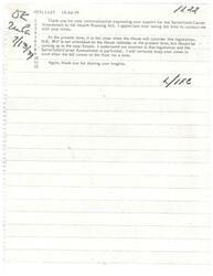 ["The document is a response to a communication expressing support for the Satterfield-Carter Amendment to the Health Planning Act. The author appreciates the communication and mentions that the legislation is not scheduled on the House calendar at the moment but should come up in the near future. The author assures that they will keep the sender's views in mind when the bill comes to a vote."]