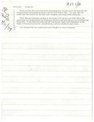 ["The document is a response to a letter expressing concern about the Compensation Comparability System and the Pay Reform Bill. The bills are pending in the House Civil Service and Post Office Subcommittee and hearings are scheduled for September. The writer appreciates the communication and promises to consider the views expressed when the legislation is brought to the House for consideration. The document also clarifies the bill numbers and assures the recipient that their thoughts on the measures are valued."]
