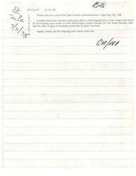 ["The document is a response to a communication regarding Senate Bill (SB) 148, a state legislation. The sender acknowledges the concern and forwards the letter to Don McFarlane, Legal Counsel for the State Senate, for immediate attention. The sender thanks the recipient for sharing their views and signs off as James R. Jones, Member of Congress."]