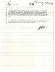 ["The document discusses the SHUR system for hospital uniform reporting proposed by HEW. The Department is still analyzing methods to implement the system and is open to suggestions. The House of Representatives approved an amendment to prohibit the use of funds for the SHUR system, putting pressure on HEW to revise their proposal. A revised form letter is provided for those who have written about the SHUR system."]