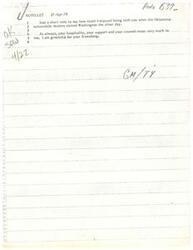 ["The document is a brief note expressing gratitude for the hospitality, support, and counsel received during a visit with Oklahoma automobile dealers in Washington. The writer values the friendship and expresses appreciation for the experience."]