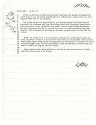 ["The document discusses a proposed Cabinet level Department of Education legislation that has been approved by the Senate and is being considered by the House. The author expresses sympathy for the concept but mentions that amendments may significantly change the legislation. They assure the recipient that their views will be considered before making a final decision. The author also thanks the recipient for their communication and encourages them to reach out again in the future."]