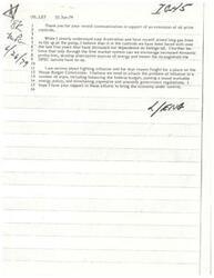 ["The document is a response to a communication supporting the extension of oil price controls. The writer believes that the controls have increased dependence on foreign oil and advocates for decontrol to encourage domestic production and alternative energy sources. They also mention fighting inflation through balancing the federal budget and eliminating government regulations. The writer asks for support in these efforts to bring the economy under control."]