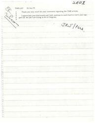 ["The document is a response from James R. Jones to a letter regarding a TIME article. Jones thanks the recipient for their comments and expresses gratitude for their support for his work in Congress."]