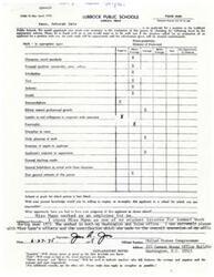 ["Miss Mann is an applicant for a position in the Lubbock Public Schools and the Director of Personnel is seeking feedback on her character, qualities, scholarship, punctuality, and more. The form asks for an overall estimate of the applicant and whether the respondent would be willing to employ or re-employ her. The form also includes space for additional remarks and the opportunity for the respondent to explain how they formed their judgment of the applicant. The form includes notes on how to interpret the ratings: \"Superior\" meaning as good as the best teachers known, and \"Poor\" meaning as bad as the worst teachers known."]