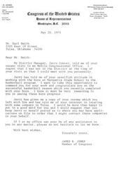 ["The document is a letter from Congressman James R. Jones to Mr. Earl Smith, commending him for his work with the boys at Marquette Grade School in the basketball program. Jones offers to put in a good word for Smith with companies in Tulsa and offers assistance in any matter."]