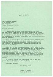 ["James R. Jones, a Member of Congress, thanks Ms. Claudine Barnes for attending a meeting on drug abuse in the military. He mentions studying information received from the meeting and working on recommendations for the Department of Defense. One recommendation he mentions is a maximum overseas tour of duty of 18 months for military personnel without family, to reduce the drug problem. Jones offers his assistance to Barnes if needed."]